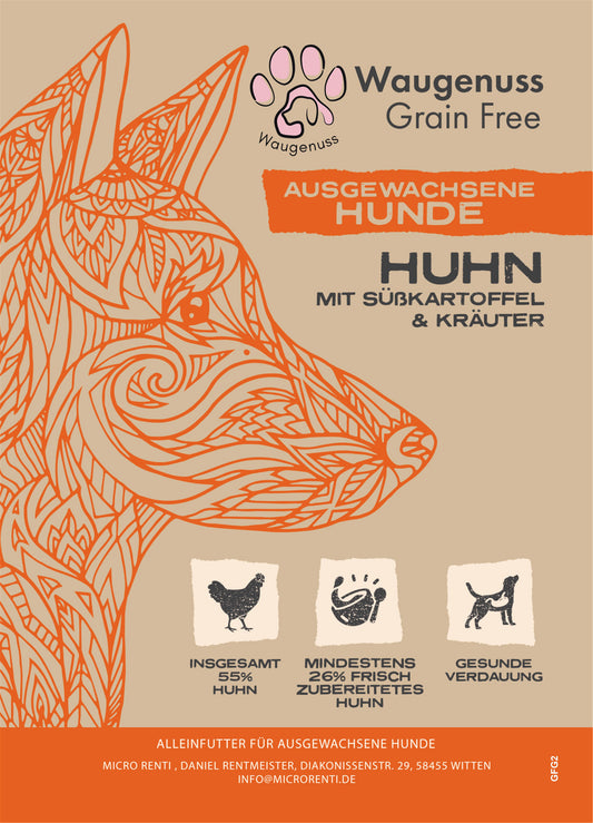 Ausgewachsene Hunde 2Kg  Waugenuss Premium  Huhn mit Truthahn, Lachs, Getreidefrei