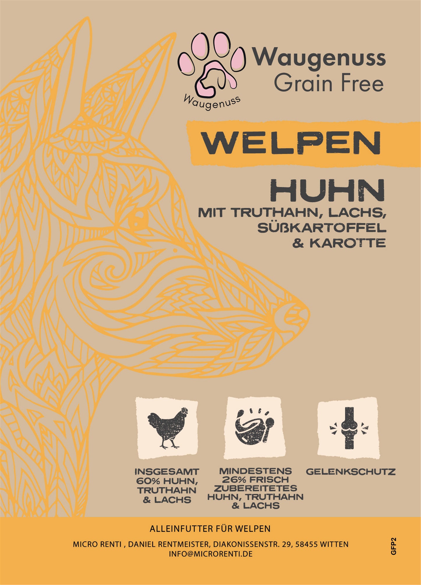 Welpen  Waugenuss Premium Huhn mit Süßkartoffel & Kräuter Getreidefrei